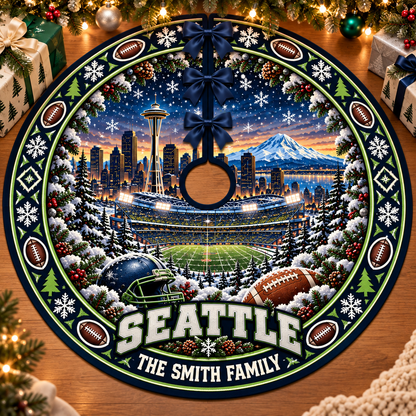 Custom Football Christmas Tree Skirt – Custom Family Name, Football Fan Christmas Decor, Game Day Holiday Gift