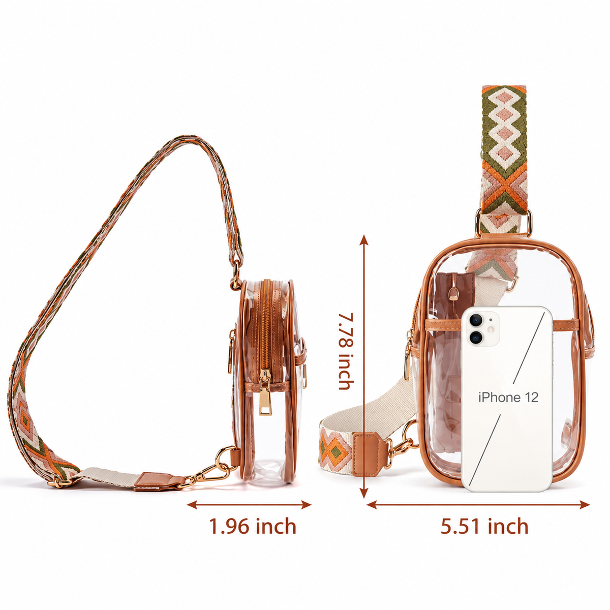 Clear Stadium Crossbody Bag with Adjustable Patterned Strap