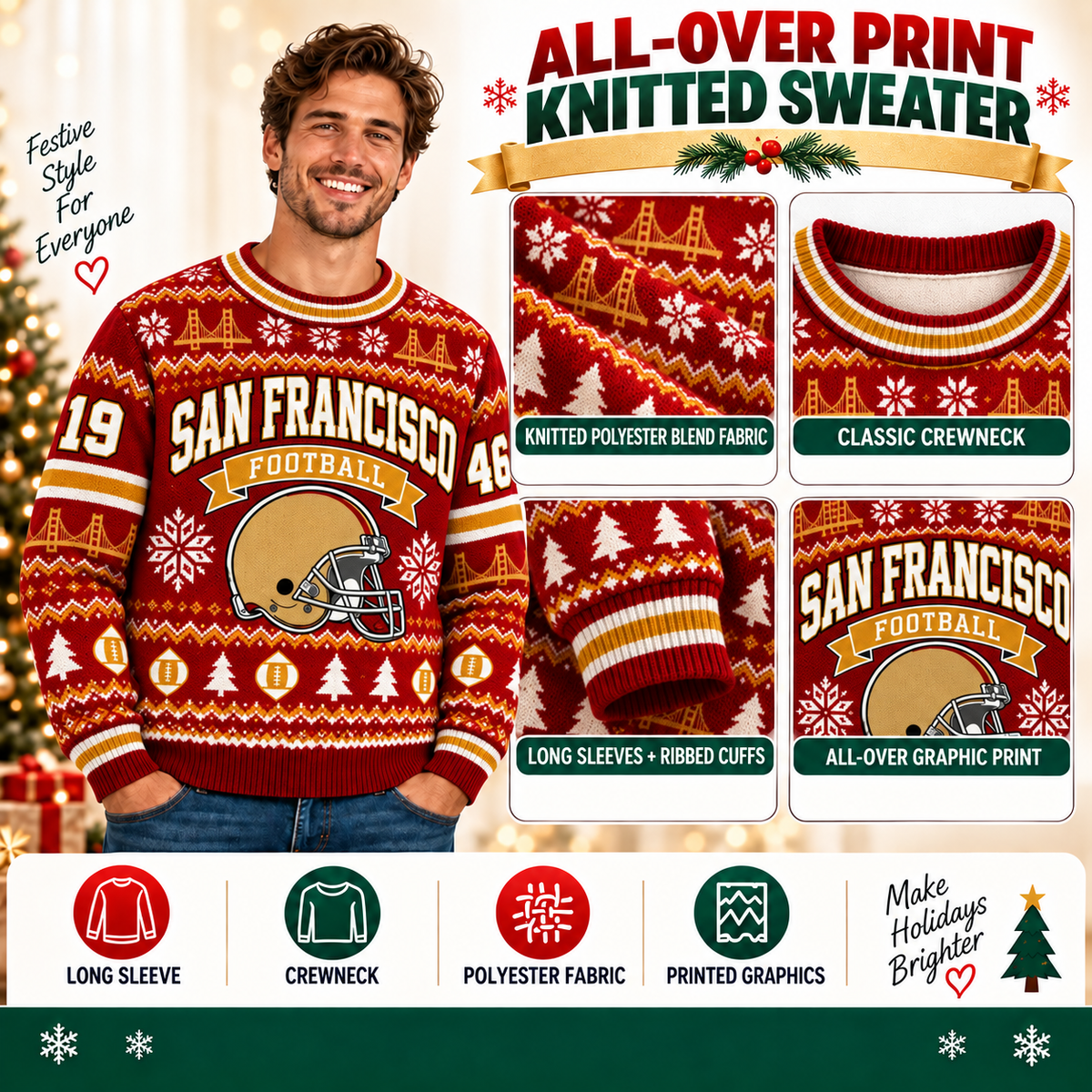 Custom Football Team Ugly Christmas Sweater - Xmas Game Day Outfit