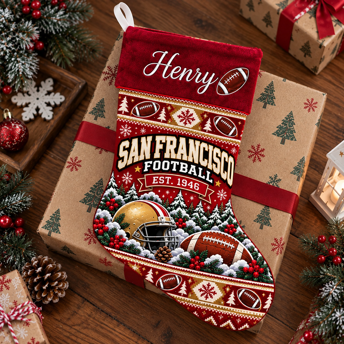 Custom Name San Francisco Football Christmas Stocking – Football Holiday Decor