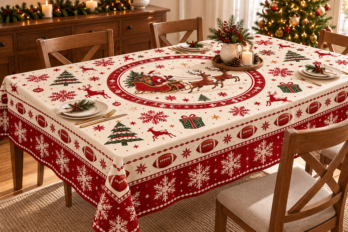 Christmas Football Tablecloth – Round & Rectangle Holiday Dining Table Cover