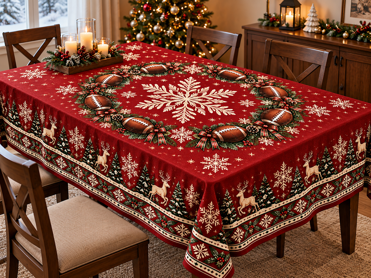 Christmas Football Tablecloth – Round & Rectangle Holiday Dining Table Cover