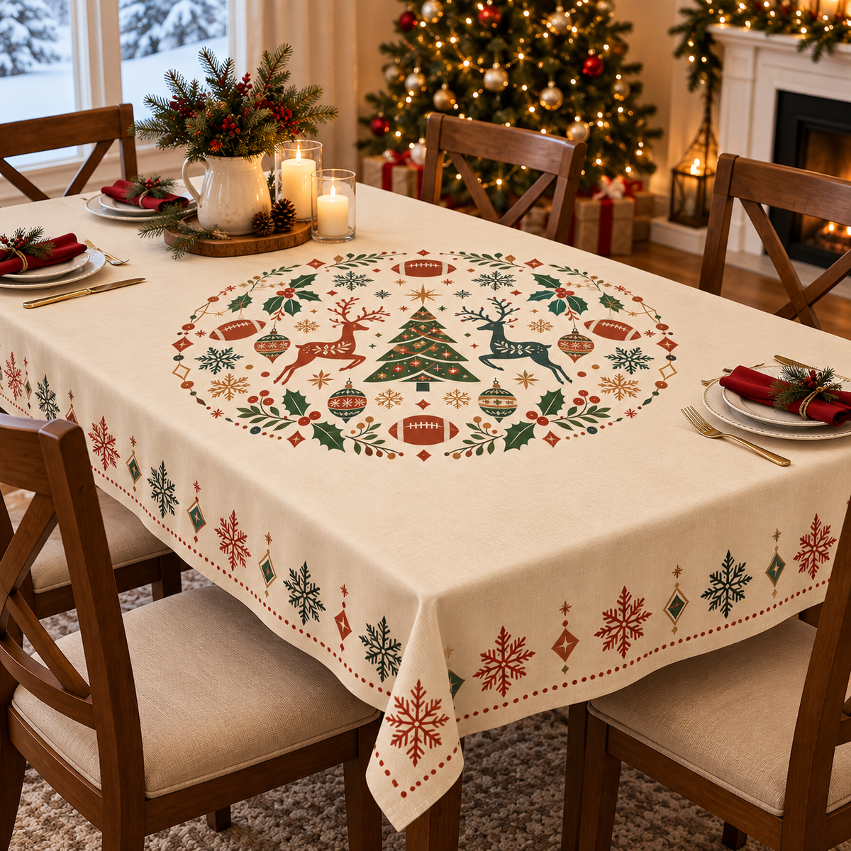 Christmas Football Tablecloth – Round & Rectangle Holiday Dining Table Cover