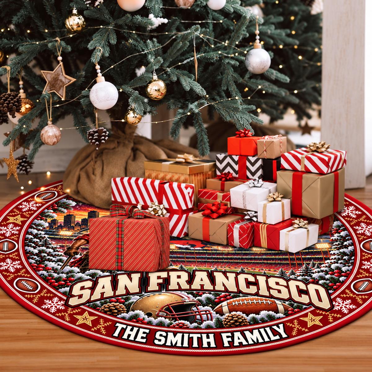 Custom Football Christmas Tree Skirt – Custom Family Name, Football Fan Christmas Decor, Game Day Holiday Gift